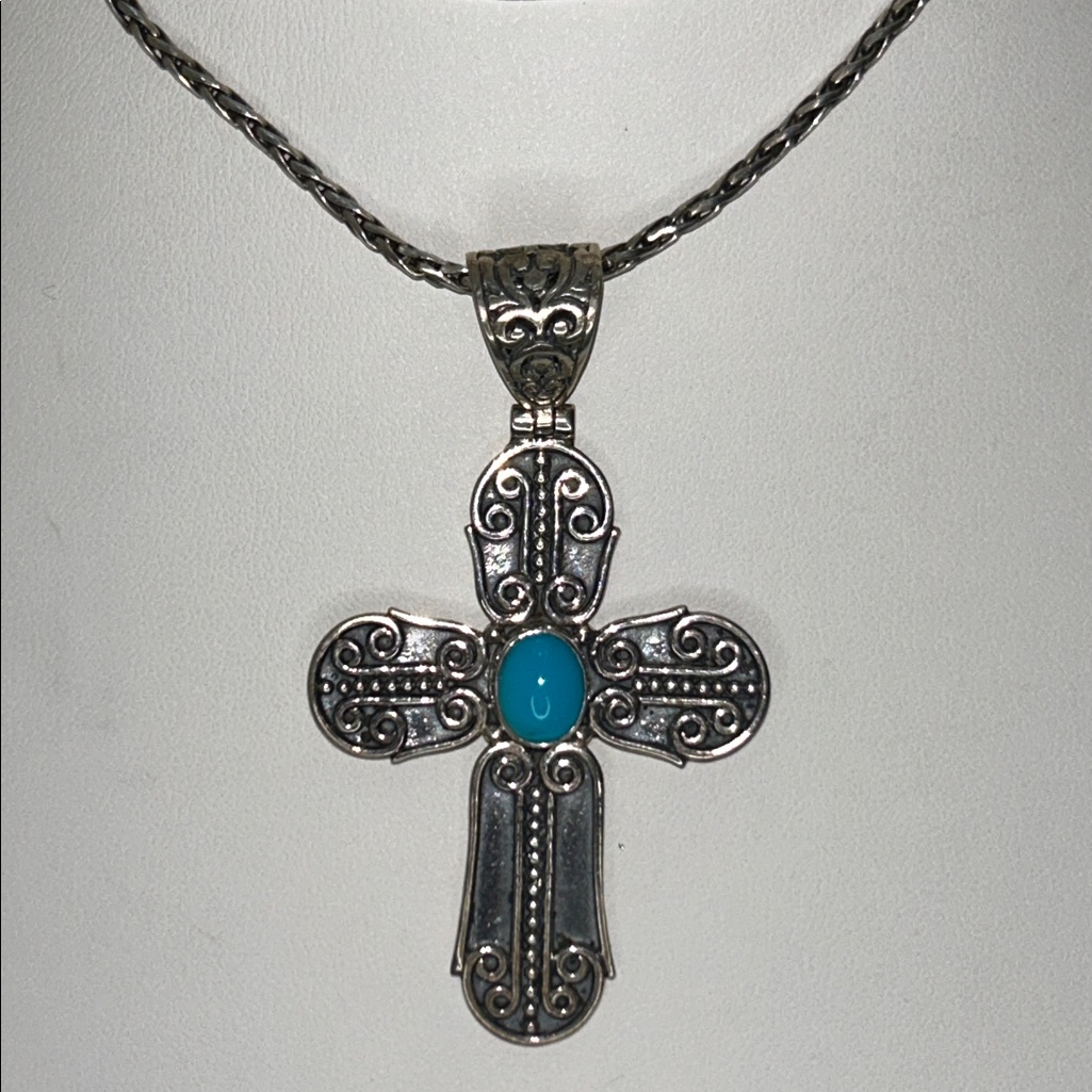 Nwot Samuel B. Sterling Silver Genuine Sleeping Beauty Turquoise Cross Necklace